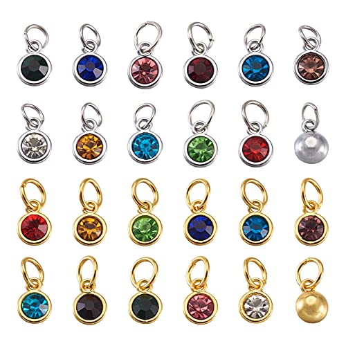 Cheriswelry 48Pcs 7.5mm Silver Gold Flat Round Alloy Glass Rhinestone Charms Birthstone Pendants Tiny Dangle Charms for DIY Necklace Earring Bracelet Jewelry Making Crafts - color: Mixed Color