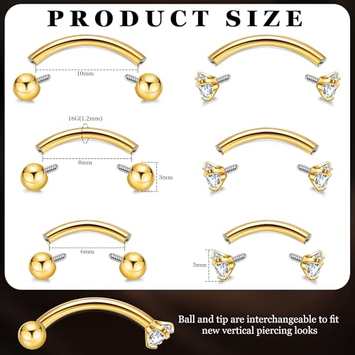6PCS 16G G23 Titanium Eyebrow Piercing Jewelry for Women Curved Barbell Tiny Eyebrow Ring Vertical Labret Belly Lip Tongue Ring Internally Threaded Rook Tragus Daith Earring 6/8/10mm - color: Gold B