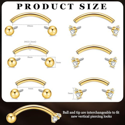6PCS 16G G23 Titanium Eyebrow Piercing Jewelry for Women Curved Barbell Tiny Eyebrow Ring Vertical Labret Belly Lip Tongue Ring Internally Threaded Rook Tragus Daith Earring 6/8/10mm - color: Gold B