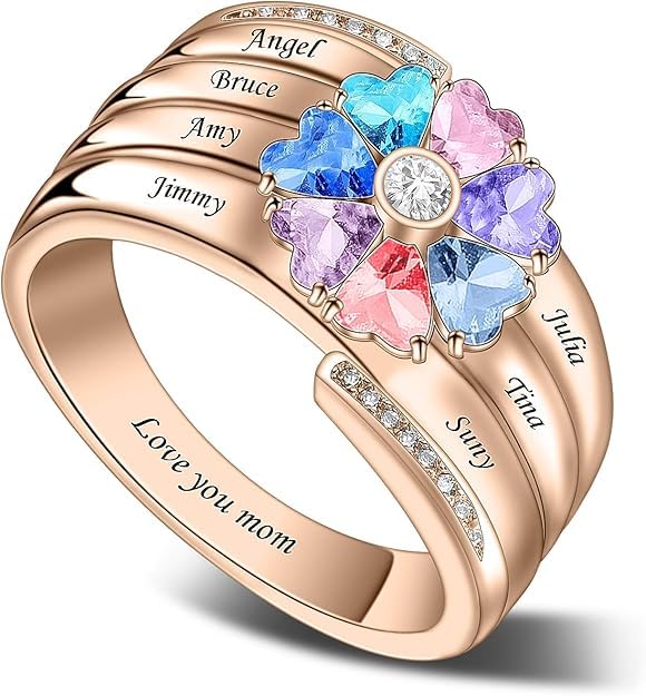 Custom Multi-Stone Family Ring 925 Sterling Silver/10K/14K/18K Gold Colored Personalized (2-8 stones) Birthstone Engraved Ring for Women Mom Wife Jewelry Gifts - style: Seven Stone