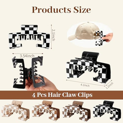 4 Pack Hat Claw Clips for Women, 4.1 Inch Large Hair Clips for Thick Hair | 2-in-1 Cute Hair Claw Clips Strong Hold Jaw Clips for Daily Styling, Baseball Cap & Trucker Hat, Checkered (Patent Pending) - color: Checkered