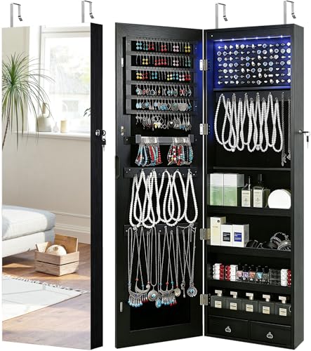 GISSAR Full Length Mirror Jewelry Cabinet, 6 LEDs Jewelry Armoire Wall Mounted Over The Door Hanging, Jewelry Organizer Storage with Lights Lockable, Black, 14.6" x 47.2" - color: Black