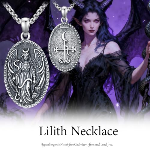 Witch Necklace 925 Sterling Silver Pentagram Triple Moon Pentacle Pendant Wiccan Pagan Jewelry Witchy Gifts for Women - style: Lilith Statue