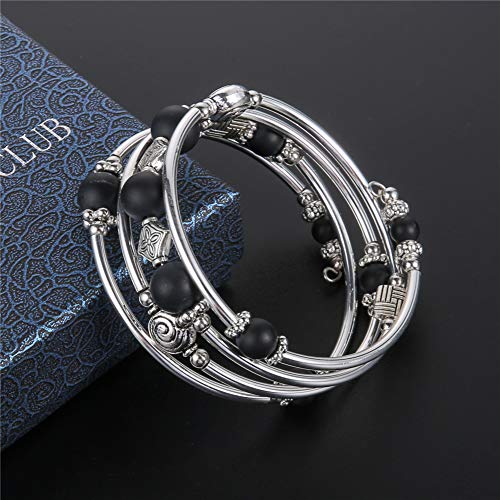 Beaded Pearl Bangle Wrap Bracelet - Fashion Bohemian Jewelry Multilayer Charm Bracelet with Thick Silver Metal Beads, Gift For Women - color: Matte Black