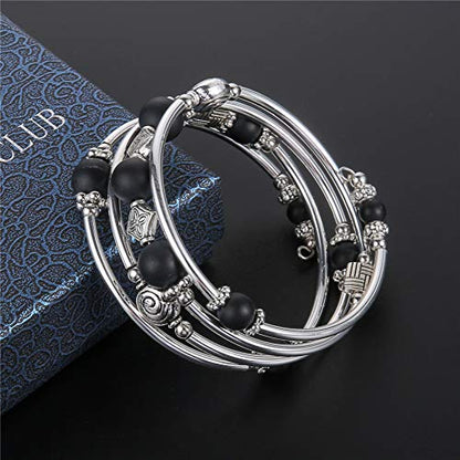 Beaded Pearl Bangle Wrap Bracelet - Fashion Bohemian Jewelry Multilayer Charm Bracelet with Thick Silver Metal Beads, Gift For Women - color: Matte Black