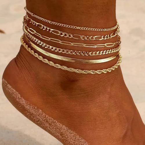 Layered Multi Chain Ankle Bracelet for Women Adjustable 8.27+1.97 Inch Foot Chain with Paperclip Rope Figaro Herringbone Cuban Links - color: Gold