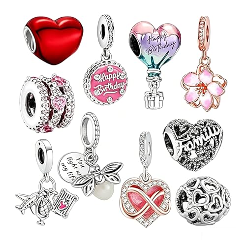 10 Pack Silver Bead Charms for Bracelets and Necklaces Pendant Dangle Beads Jewelry Gifts for Women Charm Set - color: Heart Hot Air Balloon
