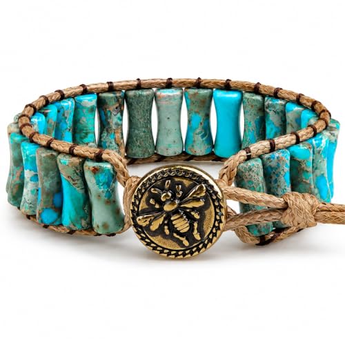MOINSPIRE Boho Beaded Bracelets for Women - Adjustable Handmade Wrap Bracelet with Tube Natural Stone Beads, Colorful Beaded Strap Bohemian Jewelry Braided for Birthday Gifts - color: Turquoise Blue