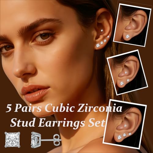 6 Pairs Cubic Zirconia Stud Earrings for Women/Men - Round Cut 4 Prong Settings 18K Gold Plated Hypoallergenic 3-8mm Clear Earrings Set - color: 3-7mm White Gold - Square 4 Prong
