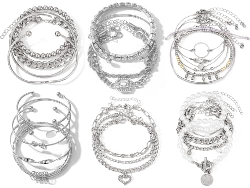 IFKM 6 PACK (24 PCS) Boho Gold Chain Bracelets Set for Women, 14K Gold Plated Multiple Layered Stackable Open Cuff Wrap Bangle Adjustable Link Italian Cuban Jewelry for Women Gift - style: 27PCS SILVER Thin Chain