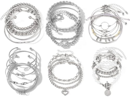 IFKM 6 PACK (24 PCS) Boho Gold Chain Bracelets Set for Women, 14K Gold Plated Multiple Layered Stackable Open Cuff Wrap Bangle Adjustable Link Italian Cuban Jewelry for Women Gift - style: 27PCS SILVER Thin Chain