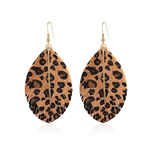 YUNXI Large Genuine Soft Leather Handmade Fringe Feather Lightweight Leaf with Simple Drop Metal Bar Tear Drop Dangle Color Earrings for Women - color: Leopard