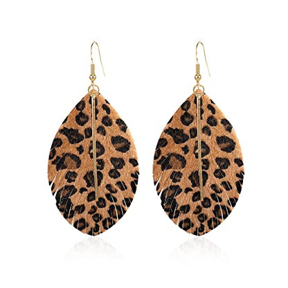 YUNXI Large Genuine Soft Leather Handmade Fringe Feather Lightweight Leaf with Simple Drop Metal Bar Tear Drop Dangle Color Earrings for Women - color: Leopard