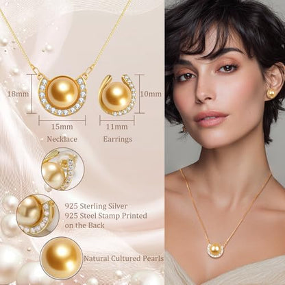 YAMI Pearl Jewelry Set for Women, Natural Cultured Pearl Necklace&Earrings | 11-12mm Pearl, 925 Sterling Silver with 5A Cubic Zirconia, Wedding Jewelry Sets, Valentine's Day/Mother's Day/Christmas Gift - color: Gold