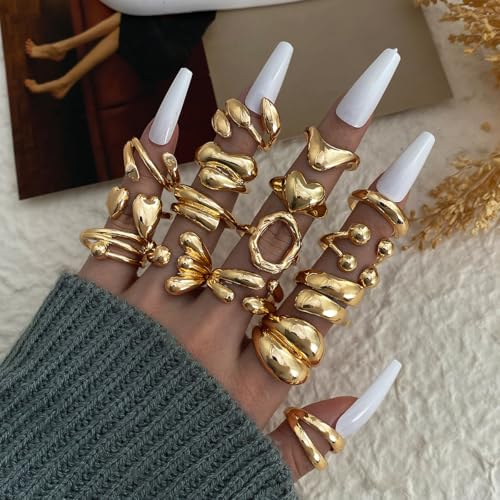 Chunky Rings for Women Non Tarnish 14k Stackable Dome Statement Rings Sets Vintage Dainty Knuckle Open Midi Finger Rings Jewelry Pack Gifts - style: Stackable