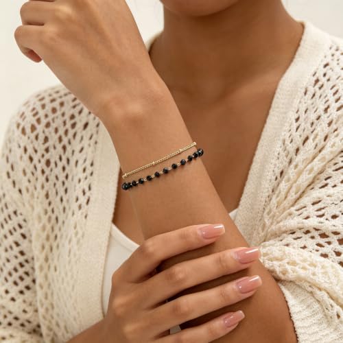 Gold Bracelets for Women Dainty 14K Gold Plated Layered Chain Bracelets Turquoise Green Aventurine Crystal Beaded Bracelets for Women - color: Black Beades