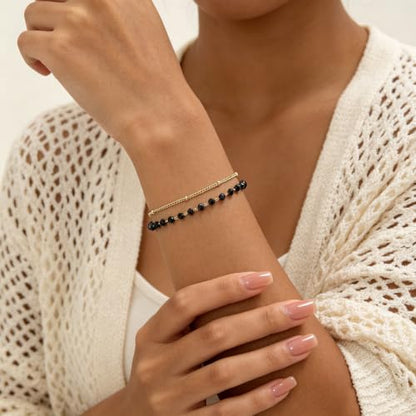 Gold Bracelets for Women Dainty 14K Gold Plated Layered Chain Bracelets Turquoise Green Aventurine Crystal Beaded Bracelets for Women - color: Black Beades