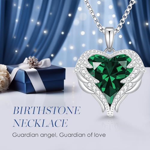 CDE Angel Wings Heart Birthstone Pendant Necklace Gift for Women | Silver/Gold Tone,Ideal Birthday & Anniversary Jewelry Gift for Wife,Girlfriend,Her - color: White-05-Emerald Green Birthstone