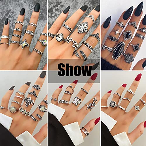 17IF Vintage Silver Knuckle Rings Set for Women Men, Chunky Boho Rings | Aesthetic Snake Grunge Stackable Gothic Ring Adjustable Y2K Punk Bulky Finger Alt of Rings, Stacking Flower Midi Ring Pack - style: 60