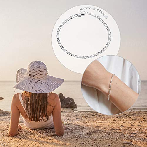 ChainsHouse Stainless Steel Herringbone Flat Chain Bracelets for Women,18K Gold/Rose Gold/Black Metal Paperclip/Snake/Cuban/Figaro Sterling Silver Link Charm Bracelet, 16+5cm Adjustable, With Gift Box - color: c. figaro-sterling silver