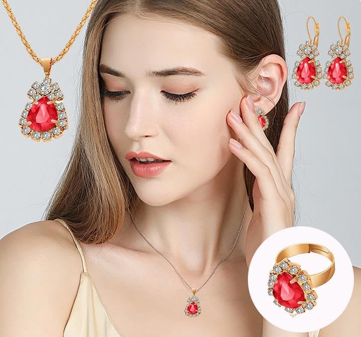MALOYANVE 4PCS Crystal Heart Jewelry Set Glitter Gold Cubic Zirconia Love Heart Pendant Necklace Lightweight Hoop Earrings Bangle Bracelet Adjustable Open Ring Prom Wedding Jewelry for Women - color: Red