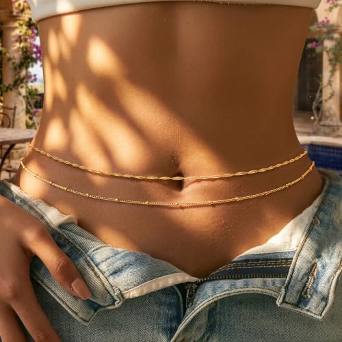 Tewiky Layered Waist Chain for Women, 14K Gold/Silver Plated Belly Chains | Beach Waist Beads Chain, Waterproof Twist Figaro Cuban Body Chain, Summer Jewelry for Women Gifts - color: Gold Waist Chain1