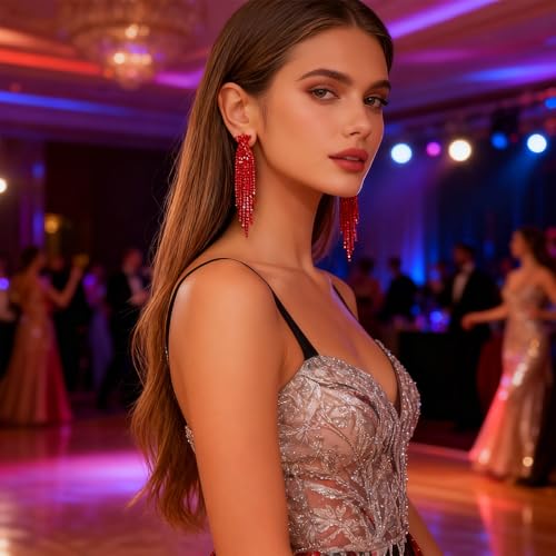 Rhinestone Earrings Prom Earrings for Women Sparkly Long Tassel Chandelier Drop Statement Earring Jewerly Gifts Wedding Party Prom Dresses Accessories - color: B3:red