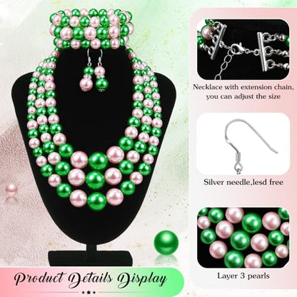 Haysandy Pearl Jewelry Set for Women 20s Jewelry Gift | Retro Layered Necklace Bracelet Earring, Costume Accessories for Derby Wedding Prom Party, Dress Matching Occasions - color: Pink and Green