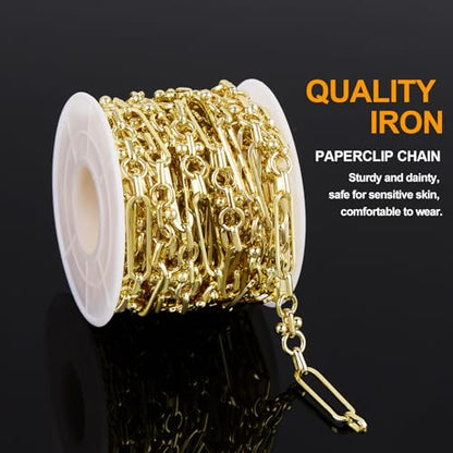KYUNHOO 16.4 Feet Paperclip Chains for Jewelry Making with Jewelry Clasps | Light Gold Plated Iron Chain Link on Roll with Buckle Women Men Necklace Bracelet DIYJewelry Findings - color: Paperclip Gold
