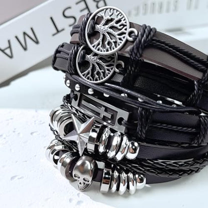 31Pcs Mens Braided Leather Bracelets Bulk Bracelets for Men | Punk Handmade Ethnic Tribal Bracelets Wristbands Adjustable Wood Beads Wristband Brown Gothic Cross Skull Skeleton Bracelet