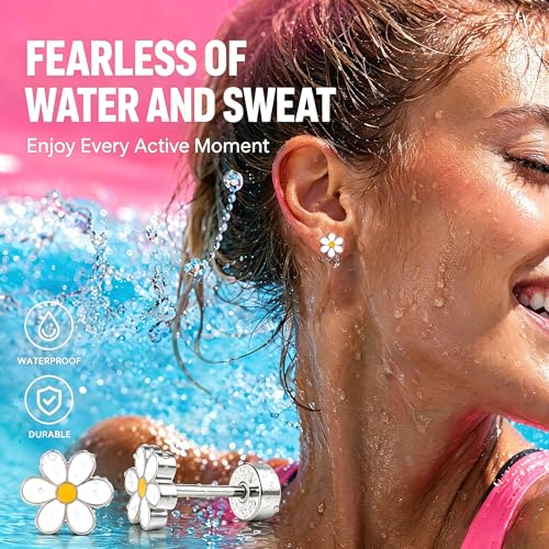 Hypoallergenic Daisy Studs Earrings for Women,18K Gold Plated Surgical Stainless Steel Flat Back Flower Earrings for Sensitive Ears,20G Post Screw Back Cartilage Helix Piercing Jewelry - color: Silver