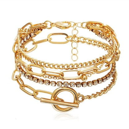 14K Gold Plated Layered Bracelet Set for Women, Boho Stackable Crystal Link Chain Bangles, Stacked Gold Bracelets Elegant Jewelry Gift for Wedding, Anniversary, Birthday
