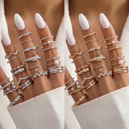 42-Piece Gold Tone Stackable Ring Set for Women, Boho Minimalist Stacking Rings with Crystal & Heart Accents, Adjustable Open Band Jewelry for Daily Wear - style: TZJ-003353-01