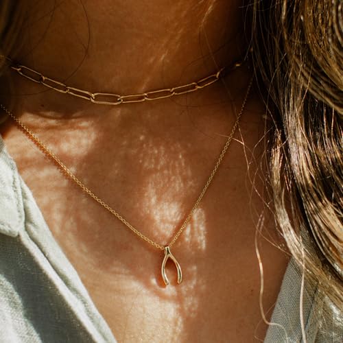Gold Silver Pendant Necklace for Women, Dainty CZ Jewelry Gift | 14K Gold Silver Plated, Cubic Zirconia Pearl Charm, Trendy Layered Necklace, Adjustable Chain, Waterproof, Hypoallergenic - color: Gold-Wishbone