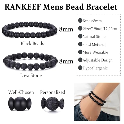 Mens Bead Bracelet Set - Adjustable Elastic Rope With 6&8MM Natural Stone Multi-Colored Beads - Tiger Eye Bracelets for Men - Gift - style: 2,Black,Lave beads