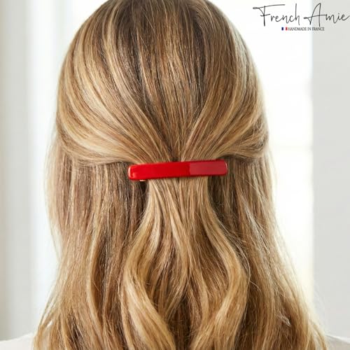 French Amie Bar Red Small 2 1/4 Inch Cellulose Acetate Hair Clip Barrette | Handmade Metal Clasp Rectangular For Fine Hair Bangs Half Up Styling Women Girls - color: Red
