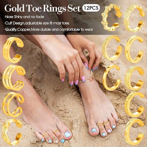 Tyqour 12PCS Gold Toe Rings Adjustable Toe Rings for Women Summer Toe Rings Set, Simple Style Beach Foot Jewelry Set - color: Gold
