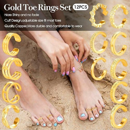 Tyqour 12PCS Gold Toe Rings Adjustable Toe Rings for Women Summer Toe Rings Set, Simple Style Beach Foot Jewelry Set - color: Gold