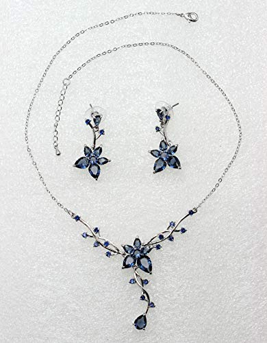 Faship Gorgeous CZ Crystal Floral Necklace Earrings Set - color: Navy Blue