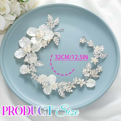 Catery Flower Bride Wedding Headband Silver Bridal Hair Vine Floral Headpiece Accessories for Women
