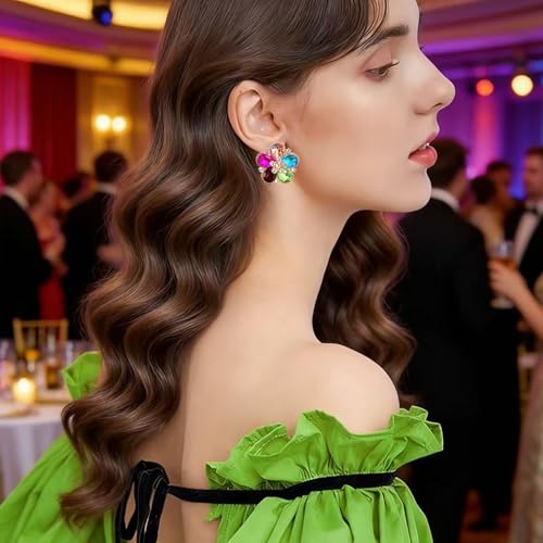 Bohemian Sparkly Crystal Flower Sliver Lightweight Stud Earrings Peach Blossom Rhinestone Floral Dangle Earrings For Women Jewelry Gifts - color: Colorful