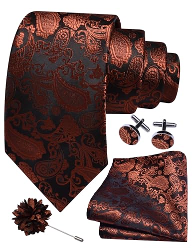 GUSLESON 3.15"（8cm） Mens Paisley Tie and Lapel Pin Necktie Hankerchief Cufflinks Set for Men - color: Rust