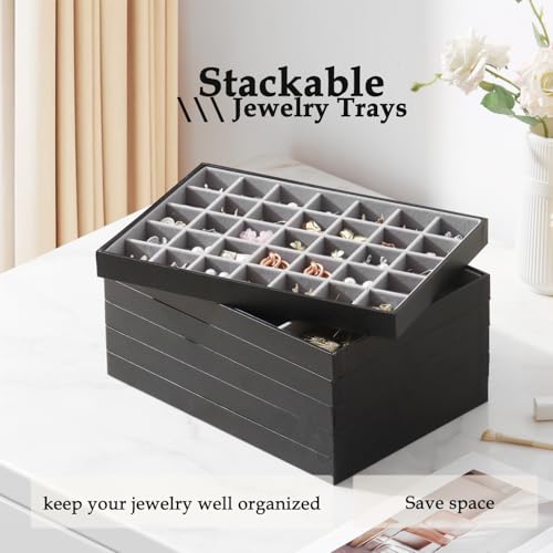 Large Jewelry Organizer Tray, Stackable Jewelry Storage Holder PU Leather Velvet Jewellery Display Case for Stud Earring Bracelet Necklace Ring (Black Gray, 24 Grids) - color: Black Gray