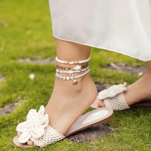 Beaded Anklet Bracelets For Women Waterproof Gold Anklets Jewelry Set Stack | non tarnish free pearl puka seashell beach boho stretchy anklet for summer dainty and tewiky gold plated - color: Pearl Shell