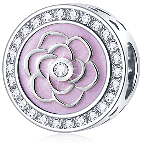 GEMDAZZ 925 Sterling Silver Valentines Day Charms Heart Charms, I Love You to The Moon and Back Pendant, Cupid Arrow and 4 Leaf Clover Beads fit European Bracelets, Gift for Lover/Wife/Girls - color: Enchanted Rose Flower Charm