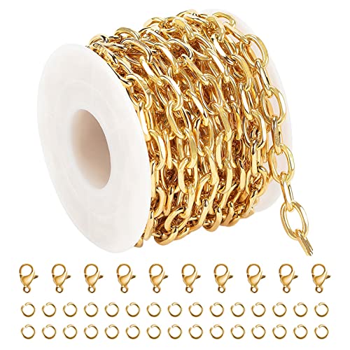 UMAOKANG Gold Plated Stainless Steel Cable Chain for Jewelry Making | 16.4 Feet PVD Gold Plating Permanent Jewelry Chain Chunky Oval Link Necklace Chains Bulk - color: Gold Cable