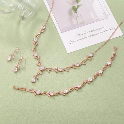 EVER FAITH Cubic Zirconia Pearl Leaf Bridal Jewelry Set for Bride Women | White Wedding Prom Necklace Dangle Earrings Bracelet, for Bridesmaid - color: CZ_Clear Rose Gold-Plated-Brass