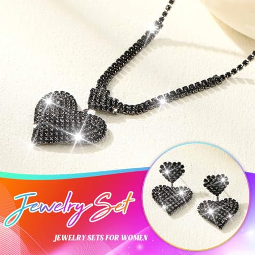 Crystal Heart Bridal Wedding Jewelry Set Silver Rhinestone Necklace Earrings Bracelet Sets Formal Costume Jewelry for Women and Brides - color: Black Necklace Earrings