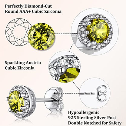 Bestyle Sparkling 925 Sterling Silver Birthstone Stud Earrings for Women, Heart/Round/Teardrop/Square Solitaire Diamond Studs Earrings, Great Birthday/Christmas Gifts - style: 08. Yellow Peridot-Aug.-round