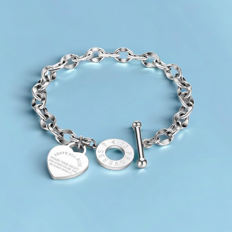 Heart Charm Bracelet Plated 18K Gold/Silver/Rose Gold Bible Scripture Heart Bracelet for Women Jewelry Gift Zircon Her Link Chain OT Clasp Stainless Steel Birthday - color: Silver, size: 7.1 inch